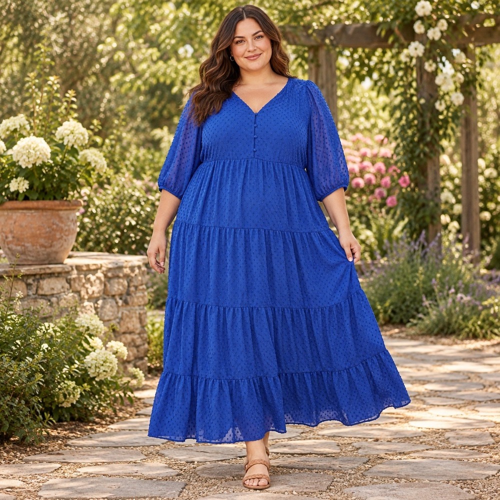 Torrid 3 3X Cobalt Blue Clip Dot Tiered Maxi Dress NWT Romantic Boho